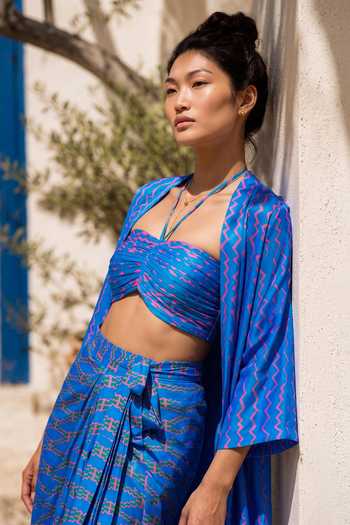 Nautanky_Blue Crepe Open , Halter Zig Zag Print Jacket Skirt Set _at_Aza_Fashions