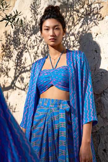 Buy_Nautanky_Blue Crepe Open , Halter Zig Zag Print Jacket Skirt Set 
