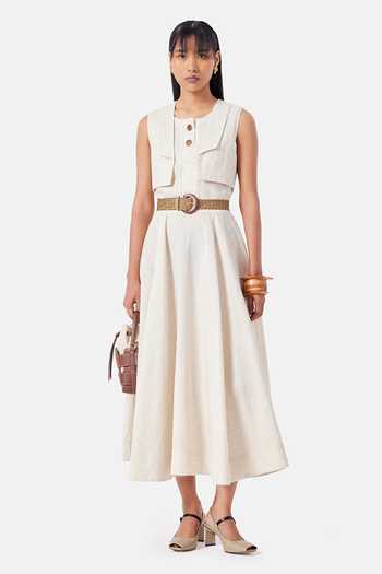 NOTEBOOK_Beige Linen Round Neck Callie Dress _Online_at_Aza_Fashions