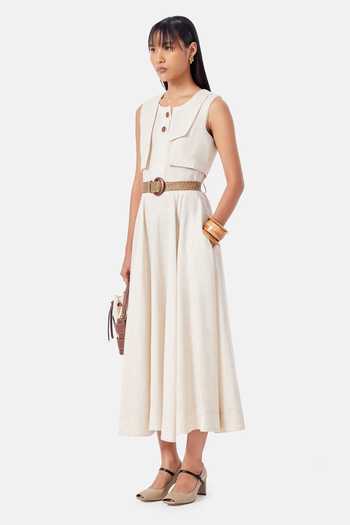 Buy_NOTEBOOK_Beige Linen Round Neck Callie Dress _Online_at_Aza_Fashions