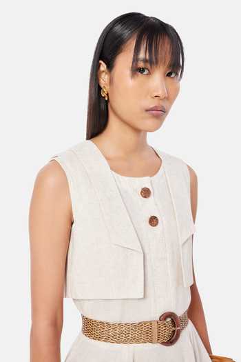 Shop_NOTEBOOK_Beige Linen Round Neck Callie Dress _Online_at_Aza_Fashions