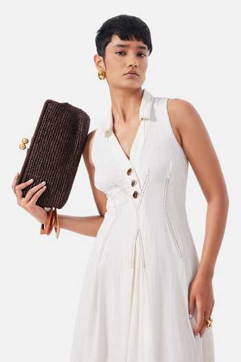 NOTEBOOK_Cream Linen, Viscose Halter Neck Julieta Dress _Online_at_Aza_Fashions