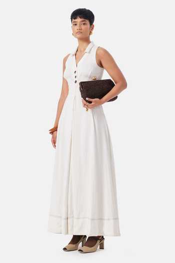 Buy_NOTEBOOK_Cream Linen, Viscose Halter Neck Julieta Dress _Online_at_Aza_Fashions