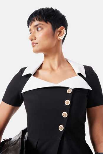 Buy_NOTEBOOK_Black Viscose, Lycra, Polyester Collared Neck Georgia Top And Skirt Set _Online_at_Aza_Fashions