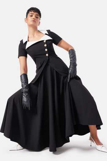 Shop_NOTEBOOK_Black Viscose, Lycra, Polyester Collared Neck Georgia Top And Skirt Set _Online_at_Aza_Fashions