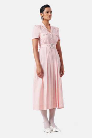 NOTEBOOK_Pink Linen Collared Neck Rowyn Shirt Dress _Online_at_Aza_Fashions