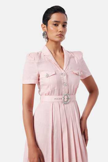 Buy_NOTEBOOK_Pink Linen Collared Neck Rowyn Shirt Dress _Online_at_Aza_Fashions