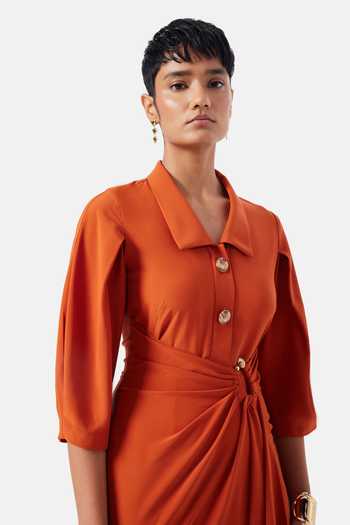 NOTEBOOK_Orange Crepe, Polyester Collared Neck Hailey Draped Dress _Online_at_Aza_Fashions