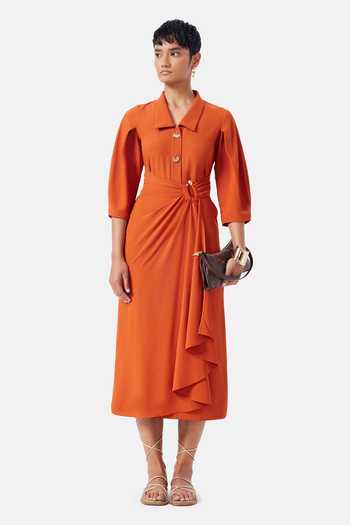 Buy_NOTEBOOK_Orange Crepe, Polyester Collared Neck Hailey Draped Dress _Online_at_Aza_Fashions
