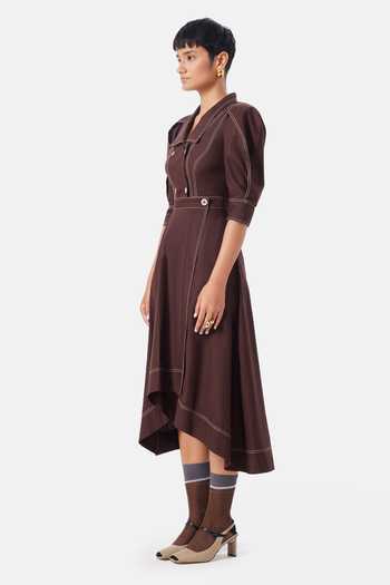 NOTEBOOK_Brown Cotton, Twill V-, Collared Juniper Tailored Dress _Online_at_Aza_Fashions