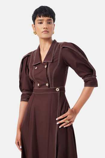 Buy_NOTEBOOK_Brown Cotton, Twill V-, Collared Juniper Tailored Dress _Online_at_Aza_Fashions