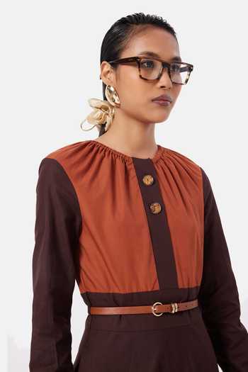 NOTEBOOK Orange Cotton, Twill Round Neck Lila Color Block Dress Online at Aza Fashions NOTEBOOK_Orange Cotton, Twill Round Neck Lila Color Block Dress _Online_at_Aza_Fashions