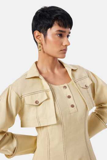 NOTEBOOK_Yellow Linen Collared Neck Solana Shirt Dress _Online_at_Aza_Fashions