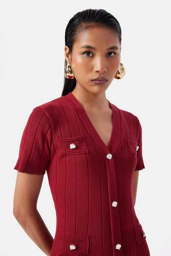 Buy_NOTEBOOK_Burgundy Polyester V-neck Rose Pleated Dress _Online_at_Aza_Fashions