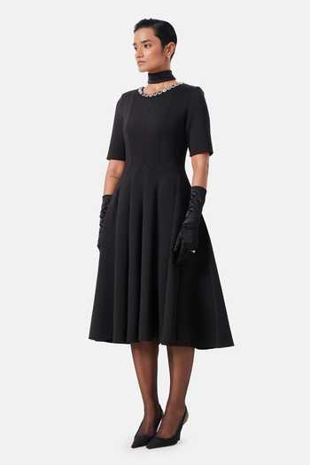 NOTEBOOK_Black Neoprene Round Neck Lucia Placement Embellished Dress _Online_at_Aza_Fashions