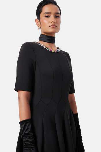 Buy_NOTEBOOK_Black Neoprene Round Neck Lucia Placement Embellished Dress _Online_at_Aza_Fashions
