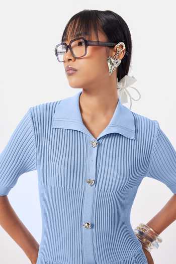 NOTEBOOK_Blue Polyester Collared Neck Natalia Pleated Dress _Online_at_Aza_Fashions