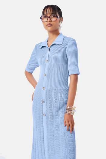 Buy_NOTEBOOK_Blue Polyester Collared Neck Natalia Pleated Dress _Online_at_Aza_Fashions
