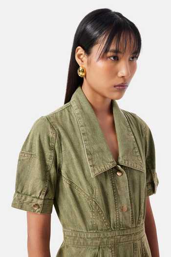 NOTEBOOK_Olive Green Denim Collared Neck Quinn Midi Dress _Online_at_Aza_Fashions