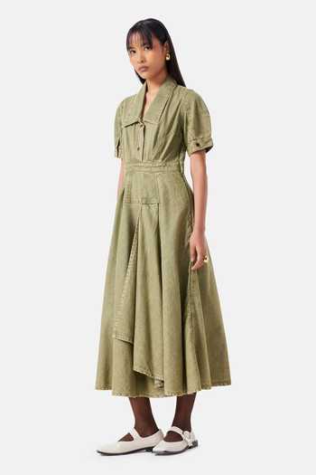 Buy_NOTEBOOK_Olive Green Denim Collared Neck Quinn Midi Dress _Online_at_Aza_Fashions
