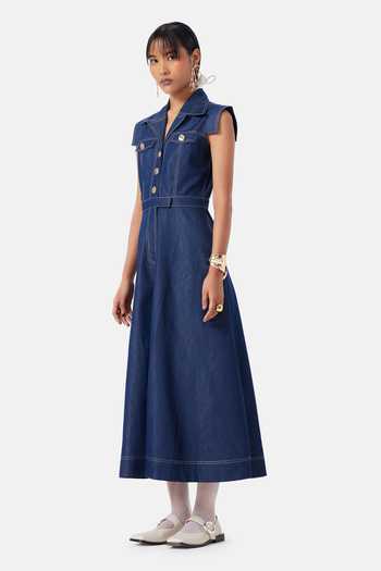 NOTEBOOK_Blue Denim V-, Collared Kara Buttoned Midi Dress _Online_at_Aza_Fashions