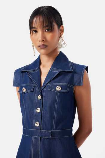 Buy_NOTEBOOK_Blue Denim V-, Collared Kara Buttoned Midi Dress _Online_at_Aza_Fashions