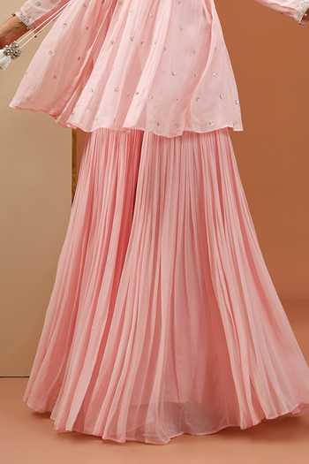 Esha Koul Pink Organza, Georgette, Semi Crepe Embroidered Peplum Kurta Sharara Set For Kids Online at Aza Fashions Esha Koul_Pink Organza, Georgette, Semi Crepe Embroidered Peplum Kurta Sharara Set For Kids_Online_at_Aza_Fashions