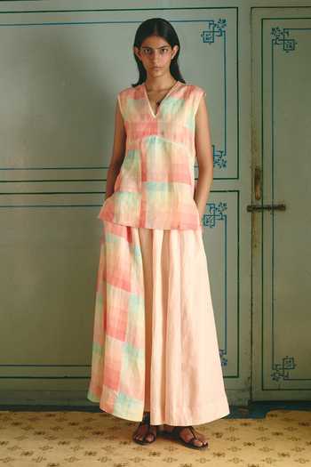 Buy_Shop Nirvanaa_Multi Color Linen V-neck Roseline Lace Work Top _Online_at_Aza_Fashions