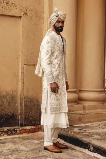 AMIT BEHKI Ivory Silk Raw Hand Embroidered Achkan Set Online at Aza Fashions AMIT BEHKI_Ivory Silk Raw Hand Embroidered Achkan Set _Online_at_Aza_Fashions