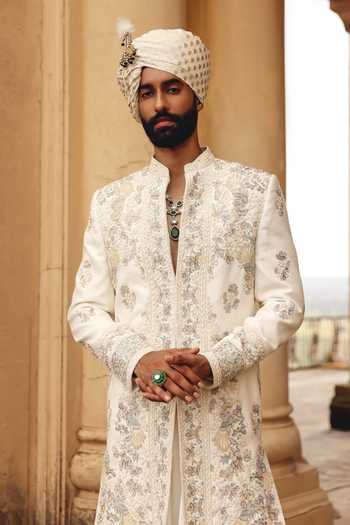Buy AMIT BEHKI Ivory Silk Raw Hand Embroidered Achkan Set Online at Aza Fashions Buy_AMIT BEHKI_Ivory Silk Raw Hand Embroidered Achkan Set _Online_at_Aza_Fashions