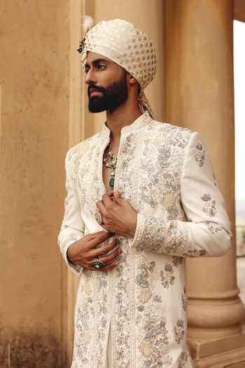 Shop AMIT BEHKI Ivory Silk Raw Hand Embroidered Achkan Set Online at Aza Fashions Shop_AMIT BEHKI_Ivory Silk Raw Hand Embroidered Achkan Set _Online_at_Aza_Fashions