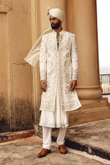 Buy AMIT BEHKI Ivory Silk Raw Hand Embroidered Achkan Set Buy_AMIT BEHKI_Ivory Silk Raw Hand Embroidered Achkan Set