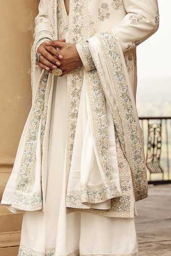AMIT BEHKI_Ivory Hand Embroidered Silk Stole _Online_at_Aza_Fashions
