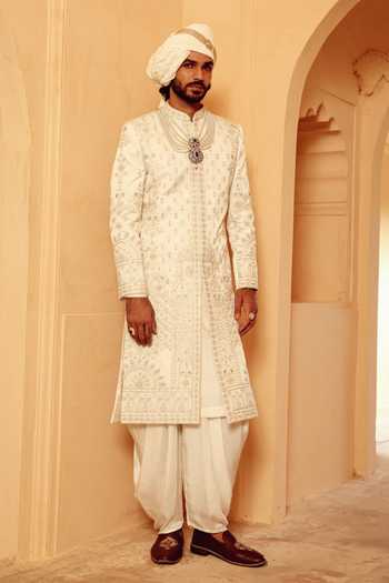 AMIT BEHKI Ivory Silk, Polyester Hand Embroidery Raw Achkan Set Online at Aza Fashions AMIT BEHKI_Ivory Silk, Polyester Hand Embroidery Raw Achkan Set _Online_at_Aza_Fashions
