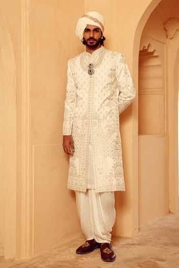 AMIT BEHKI Hand Embroidery Raw Silk Achkan Set 