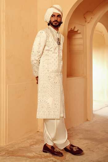 Buy AMIT BEHKI Ivory Silk, Polyester Hand Embroidery Raw Achkan Set Online at Aza Fashions Buy_AMIT BEHKI_Ivory Silk, Polyester Hand Embroidery Raw Achkan Set _Online_at_Aza_Fashions