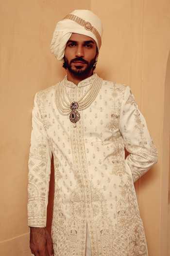 Shop AMIT BEHKI Ivory Silk, Polyester Hand Embroidery Raw Achkan Set Online at Aza Fashions Shop_AMIT BEHKI_Ivory Silk, Polyester Hand Embroidery Raw Achkan Set _Online_at_Aza_Fashions