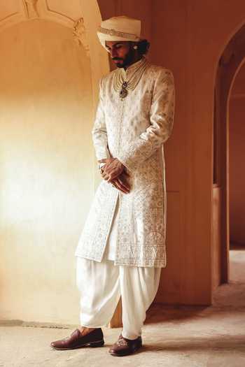 AMIT BEHKI Ivory Silk, Polyester Hand Embroidery Raw Achkan Set at Aza Fashions AMIT BEHKI_Ivory Silk, Polyester Hand Embroidery Raw Achkan Set _at_Aza_Fashions