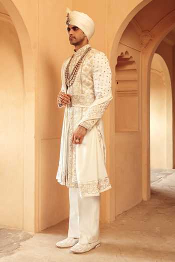 AMIT BEHKI Ivory Hand Embroidery Silk Stole Men Traditional Accessory Online at Aza Fashions AMIT BEHKI_Ivory Hand Embroidery Silk Stole Men Traditional Accessory _Online_at_Aza_Fashions