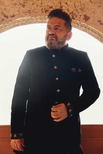 AMIT BEHKI Black Silk Embroidery, Zari Hand Raw Bandhgala Set With Trousers Online at Aza Fashions AMIT BEHKI_Black Silk Embroidery, Zari Hand Raw Bandhgala Set With Trousers _Online_at_Aza_Fashions