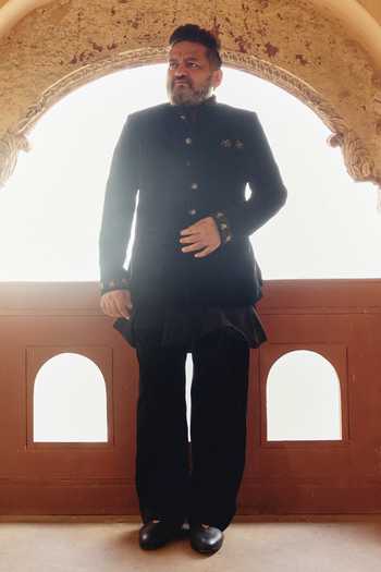 AMIT BEHKI Hand Embroidery Raw Silk Bandhgala Set With Trousers 