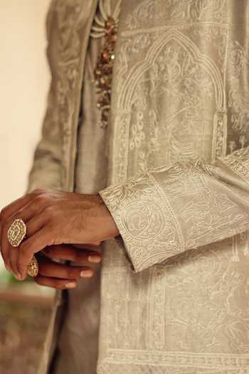 Buy AMIT BEHKI Beige Silk, Polyester Hand Embroidered Achkan Set Online at Aza Fashions Buy_AMIT BEHKI_Beige Silk, Polyester Hand Embroidered Achkan Set _Online_at_Aza_Fashions