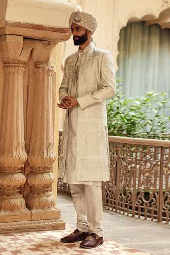Shop AMIT BEHKI Beige Silk, Polyester Hand Embroidered Achkan Set Online at Aza Fashions Shop_AMIT BEHKI_Beige Silk, Polyester Hand Embroidered Achkan Set _Online_at_Aza_Fashions
