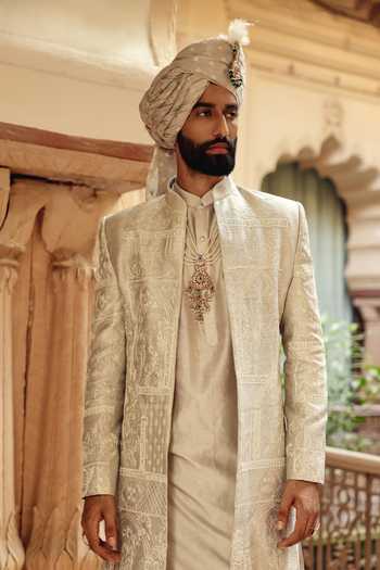 AMIT BEHKI Beige Silk, Polyester Hand Embroidered Achkan Set at Aza Fashions AMIT BEHKI_Beige Silk, Polyester Hand Embroidered Achkan Set _at_Aza_Fashions