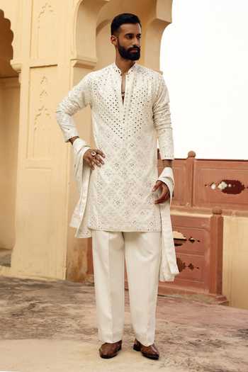 Buy AMIT BEHKI Ivory Silk, Polyester Mirror Embroidered Kurta And Pant Set Online at Aza Fashions Buy_AMIT BEHKI_Ivory Silk, Polyester Mirror Embroidered Kurta And Pant Set _Online_at_Aza_Fashions