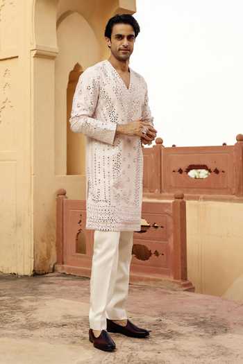 Shop AMIT BEHKI Pink Silk, Polyester Raw Kurta And Pant Set Online at Aza Fashions Shop_AMIT BEHKI_Pink Silk, Polyester Raw Kurta And Pant Set _Online_at_Aza_Fashions
