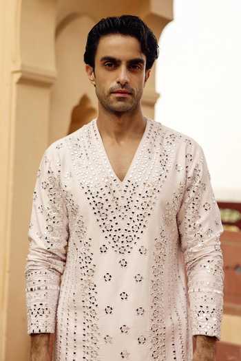 AMIT BEHKI Pink Silk, Polyester Raw Kurta And Pant Set at Aza Fashions AMIT BEHKI_Pink Silk, Polyester Raw Kurta And Pant Set _at_Aza_Fashions