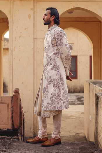 Shop AMIT BEHKI Ivory Silk Hand Embroidered Raw Sherwani Set Online at Aza Fashions Shop_AMIT BEHKI_Ivory Silk Hand Embroidered Raw Sherwani Set _Online_at_Aza_Fashions