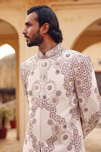 Shop AMIT BEHKI Ivory Silk Hand Embroidered Raw Sherwani Set Shop_AMIT BEHKI_Ivory Silk Hand Embroidered Raw Sherwani Set