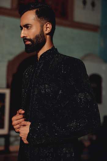 Buy AMIT BEHKI Black Suiting, Viscose Embroidered Sherwani And Kurta Set Online at Aza Fashions Buy_AMIT BEHKI_Black Suiting, Viscose Embroidered Sherwani And Kurta Set _Online_at_Aza_Fashions